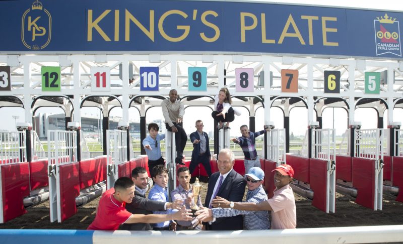 Jockeys in the 2023 King's Plate and CEO Jim Lawson at the King's Plate Post Position Draw (LR Front row) Eswan Flores, Sahin Civaci, Kazushi Kimura, Jose Campos, Jim Lawson (Woodbine CEO), Gary Boulanger, and Patrick Husbands, (back row L-R) Daisuke Fukumoto, Rico Walcott, Emma-Jayne Wilson and Rafael Hernandez (Michael Burns Photo)