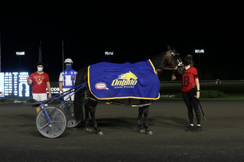 Nick Gallucci (left) enjoyed a stellar Tuesday evening, sending out OSS Gold winner Silver Label and Prohibition Legal (pictured). James MacDonald steered both fillies for Gallucci and Millar Farms.