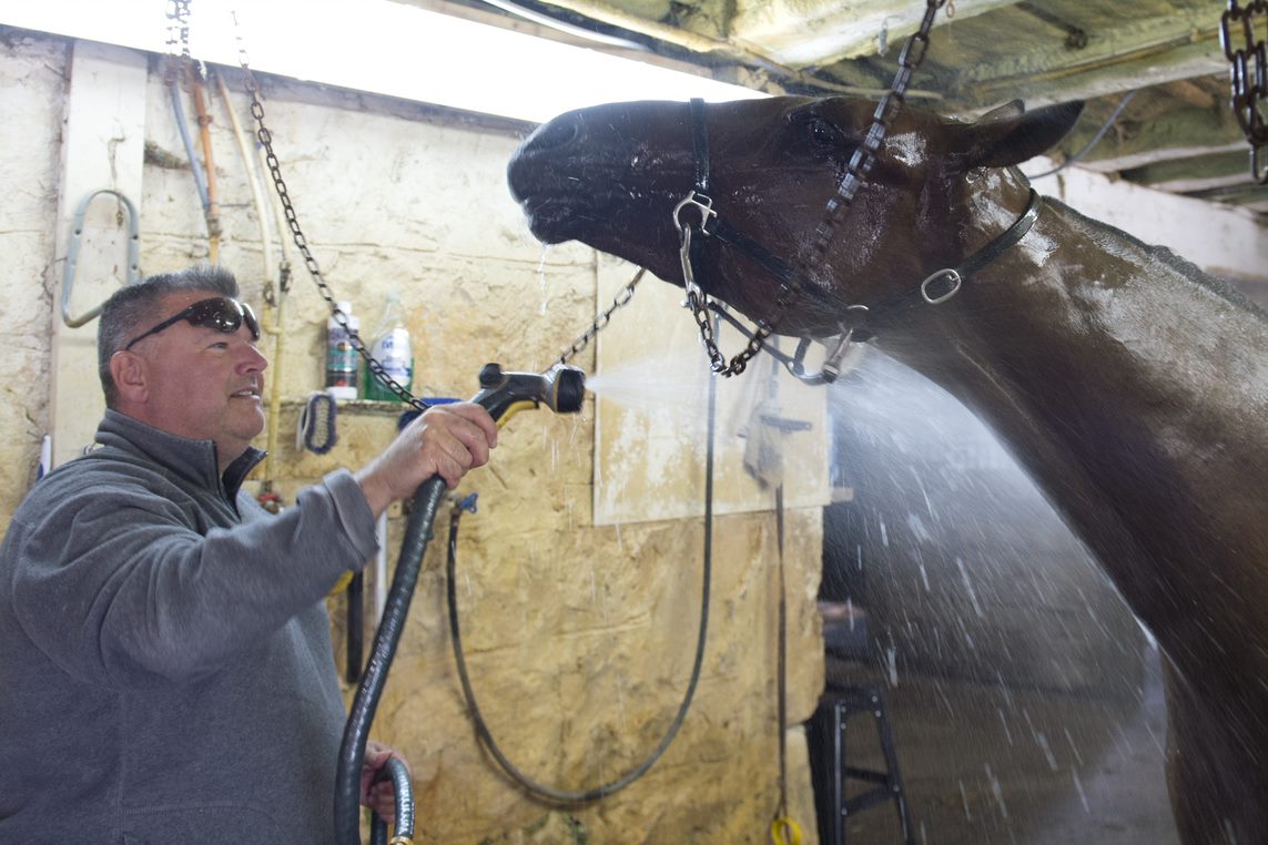 Ken Middleton, hoses down his Metro Pace hopeful, Bob Loblaw, after a training session on September 23rd. (Michael Burns Photo)