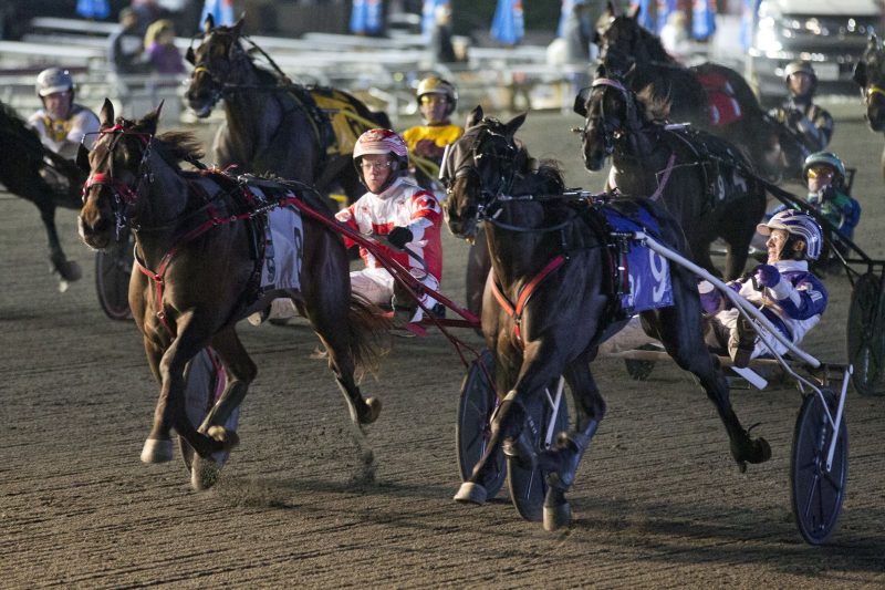 Venerable (9) holds off Duly Resolved (8) to win the 2021 Mohawk Million. (Michael Burns photo)