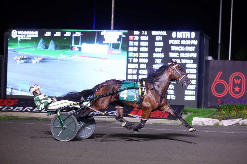 Bythemissal and driver Yannick Gingras winning the second Canadian Pacing Derby Elimination on August 26, 2023 at Woodbine Mohawk Park (New Image Media)