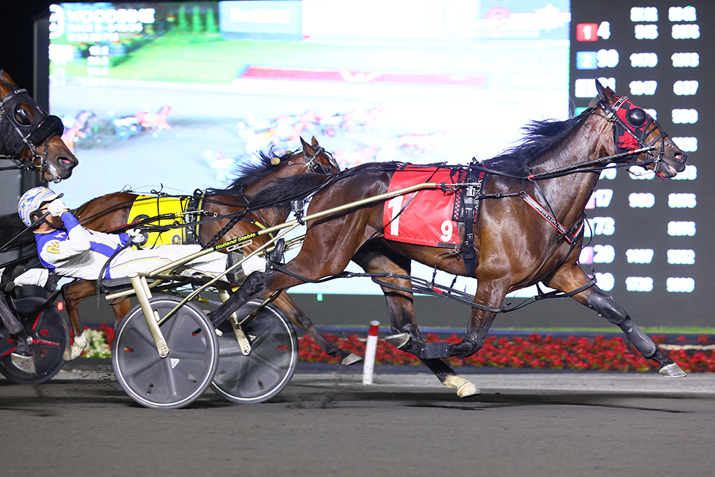 It's A Love Thing and Driver James MacDonald winning the Fan Hanover Final on June 15, 2024 at Woodbine Mohawk Park (New Image Media)